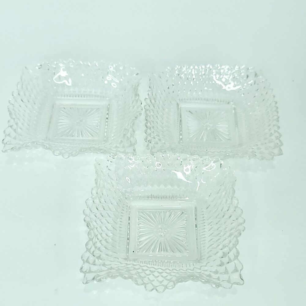 Lot Of 3 Glass Indiana Diamond Point Ruffle Edge Square Candy Nut Dish Glass